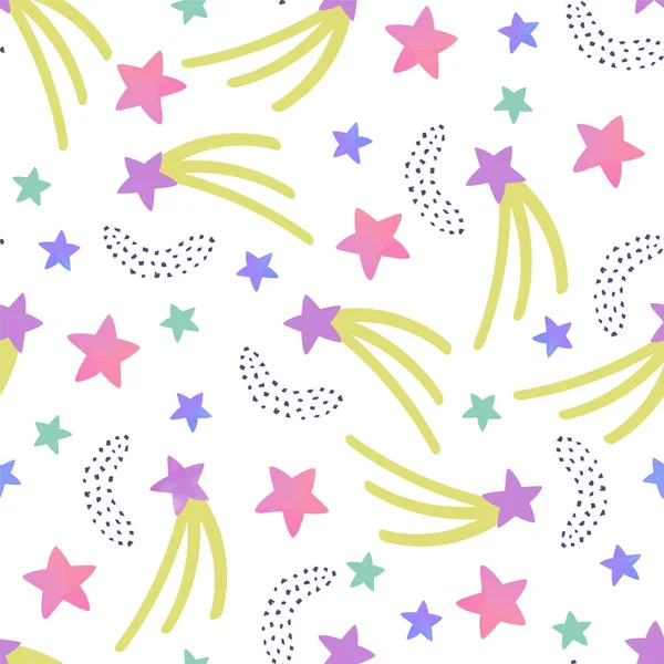 Patrón abstracto sin costuras con coloridas estrellas rosas, violetas y verdes sobre fondo blanco . — Vector de stock