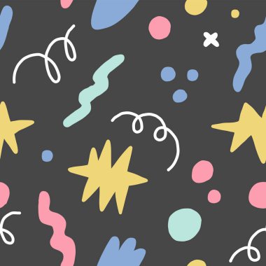 Pastel şekiller, karalamalar, karalamalar ve çizgilerle soyut sorunsuz desen.