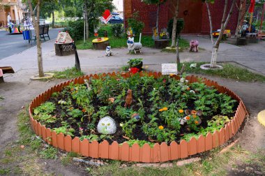 Yubileiny 'nin avlusunda çiçek tarhı 48, Reutov, Moskova bölgesi, Rusya Federasyonu, 22 Ağustos 2020