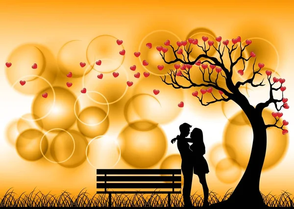 Daten Paar Silhouet Onder Boom Van Liefde Met Bokeh — Stockvector