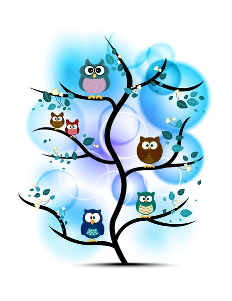 Owls Perched Tree Bokeh — Stock Vector