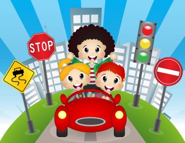 Bir araba şehir arka plan ve trafik işareti ile mutlu çocuk