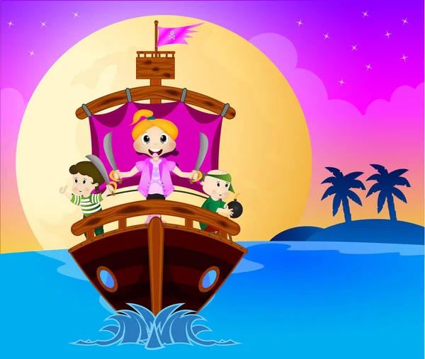 Иллюстрация Маленьких Пиратов Плывущих Кораблем — стоковый вектор