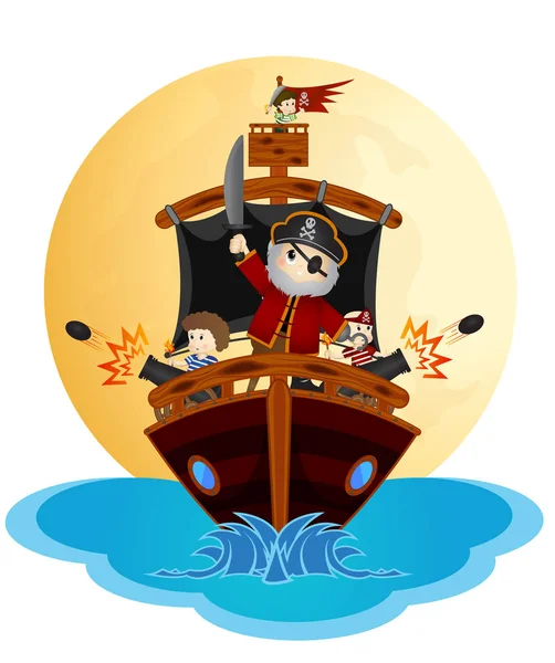 Petits Pirates Naviguant Avec Leur Bateau Avec Pleine Lune Comme — Image vectorielle