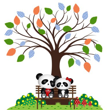 Parkta bir banka bir ağacın altında oturan Panda