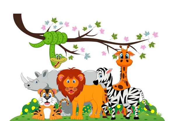 Aslan, kaplan, zebra, gergedan, yılan ve zürafa bir ağaç dalı altında oynuyorlardı