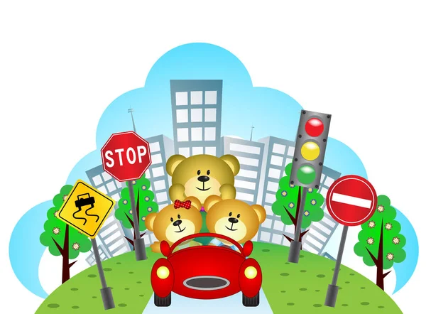 Счастливые Медведи Машине Городским Фоном Дорожным Знаком — стоковый вектор