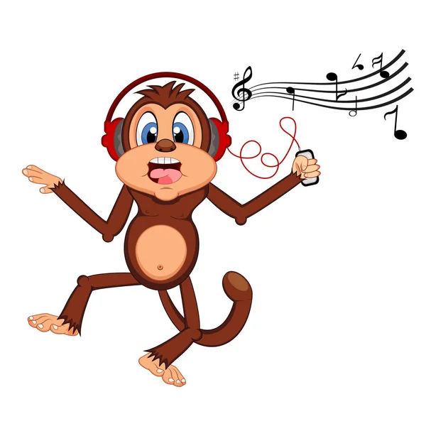 猴子跳舞 同时听音乐与耳机卡通 — 图库矢量图片