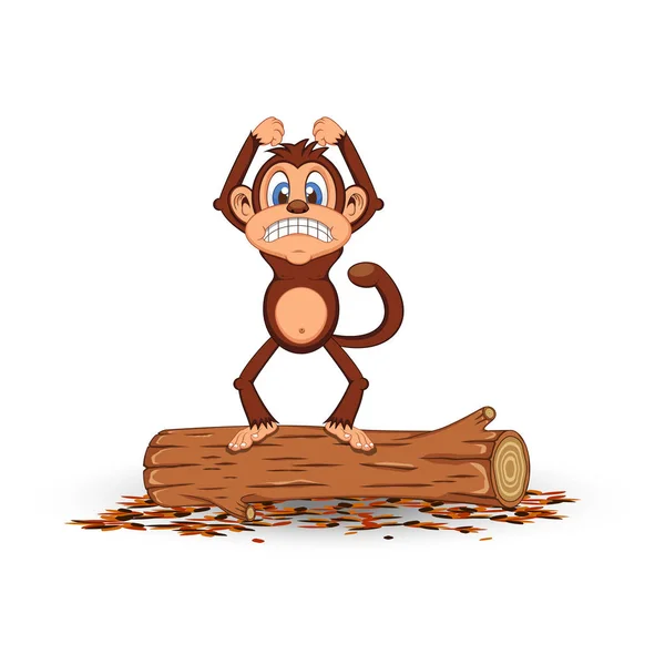 愤怒的猴子卡通站在木头上 — 图库矢量图片