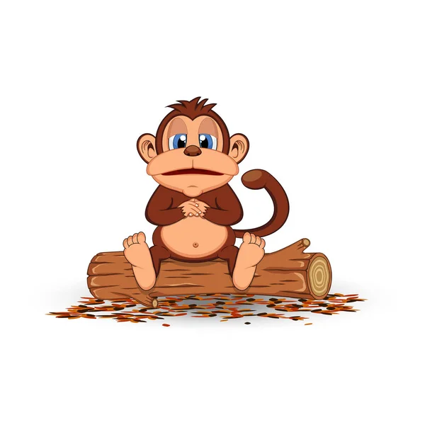 Şişman Maymun Bir Ahşap Karikatür Oturan — Stok Vektör