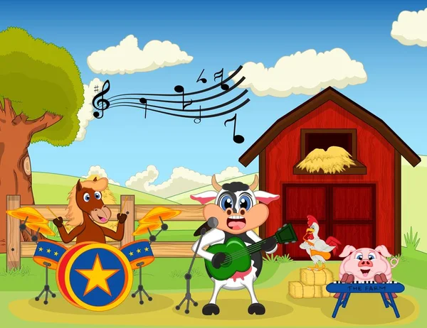 Horse, cow, pig and chicken playing music at the farm
