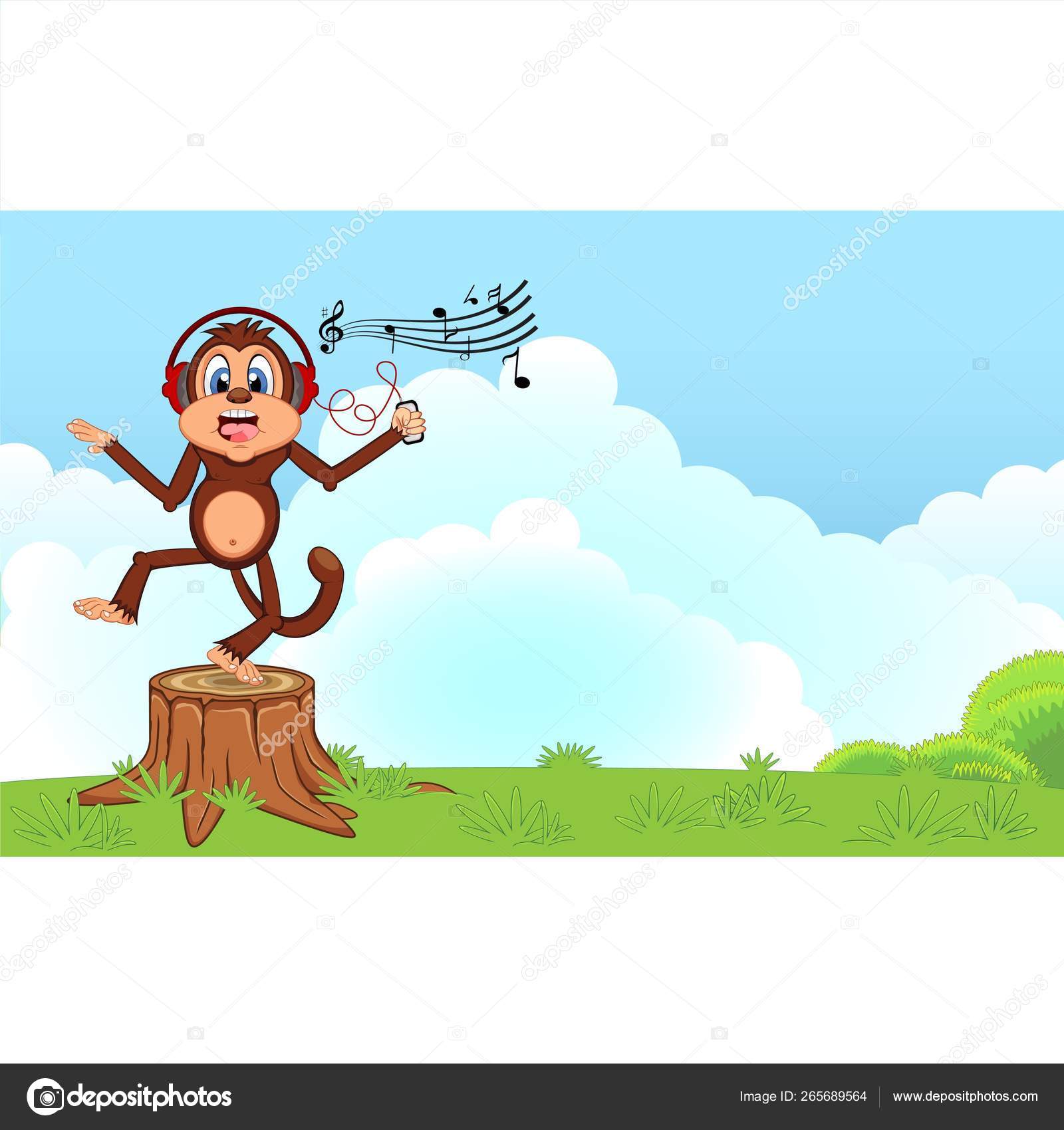 Monkey Dance While Listening Music Headset Cartoon Garden Your Design Stock  Vector Image by ©warawiri #265689564