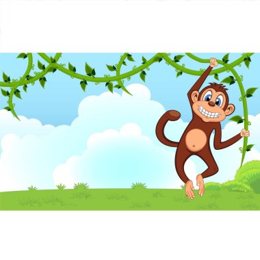 Maymun tasarım için bir bahçede sarmaşıklar karikatür üzerinde sallanan