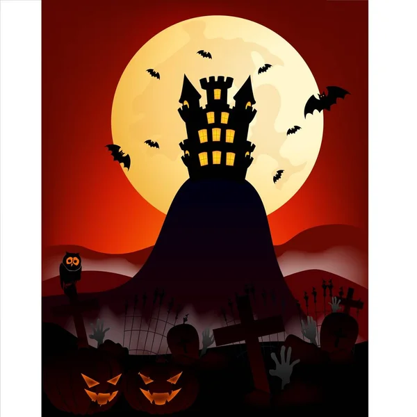Felice Halloween Vettoriale Illustrazione Con Cimitero Luna Piena Zucca Pipistrello — Vettoriale Stock