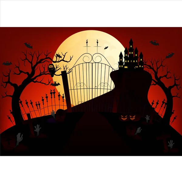 Glückliche Halloween Vektorillustration Mit Friedhof Vollmond Kürbis Und Fledermaus — Stockvektor