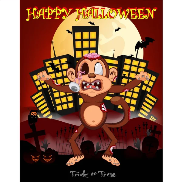 Monkey Zombie Miasta Tło Dla Szczęśliwy Halloween Wektor Ilustracja — Wektor stockowy