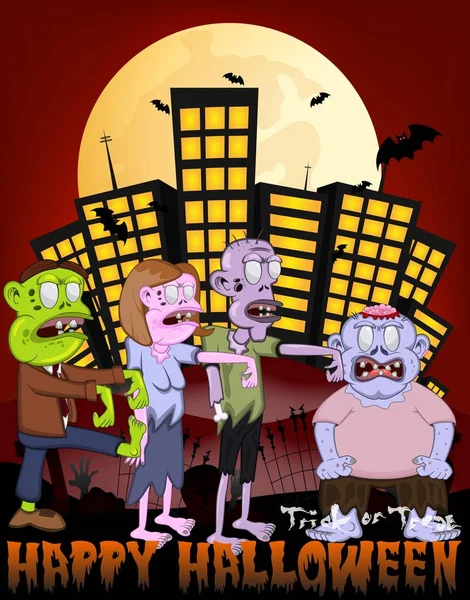 Zombie Stad Met Happy Halloween Cartoon — Stockvector