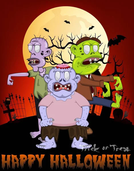 Zombie Het Kerkhof Met Happy Halloween Cartoon — Stockvector