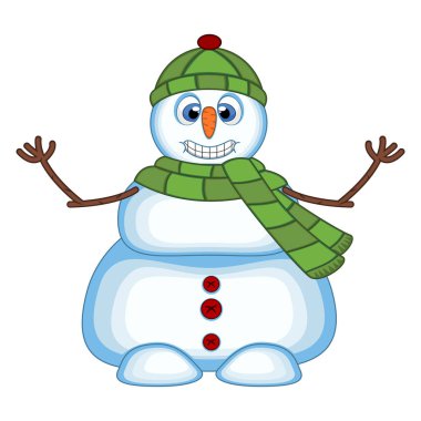 Yeşil bir şapka ve yeşil bir eşarp giyen kardan adam tasarım vektör illüstrasyon için elini sallayarak