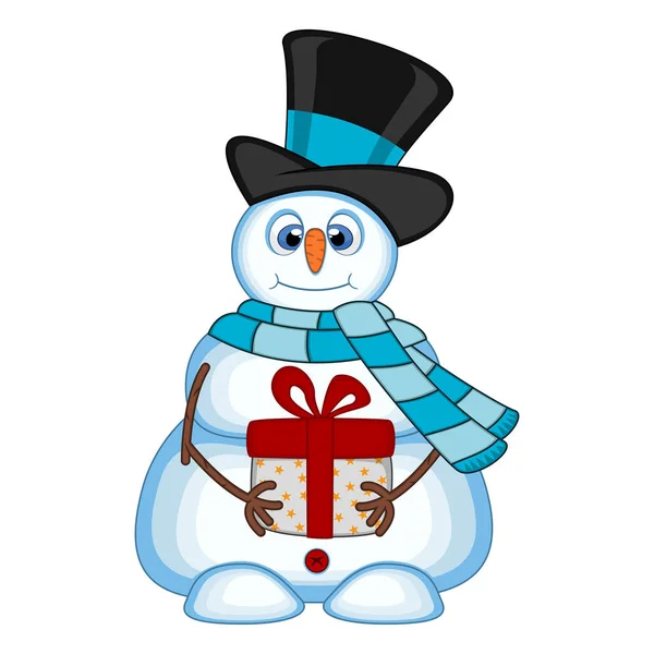 Snowman Carrying Gift Wearing Hat Blue Scarf — Stock Vector