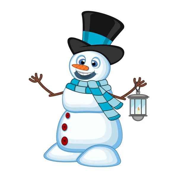 Snowman Lantern Wearing Hat Blue Scarf — Stock Vector