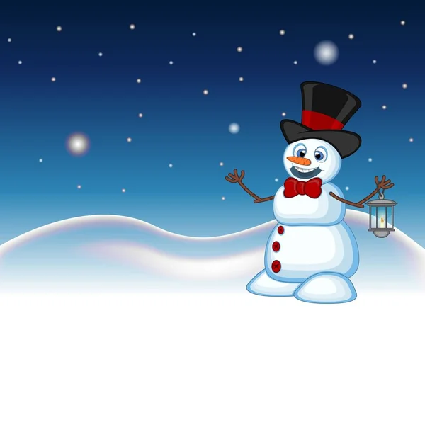 Snowman Lantern Wearing Hat Star Sky Snow Hill Background — Stock Vector