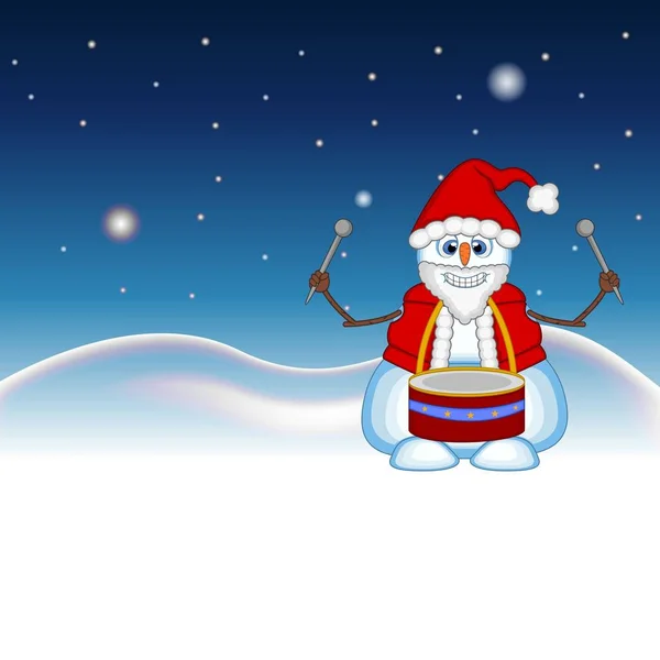 Schneemann Weihnachtsmann Kostüm Spielt Trommeln Mit Stern Himmel Und Schneehügel — Stockvektor