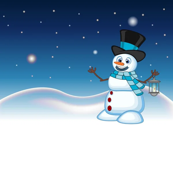Snowman Lantern Wearing Hat Blue Scarf Star Sky Snow Hill — Stock Vector