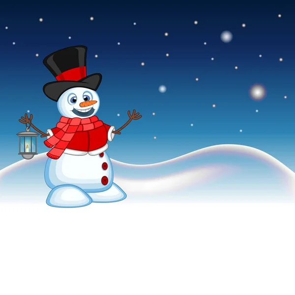 Snowman Lantern Wearing Hat Red Sweater Red Scarf Star Sky — Stock Vector