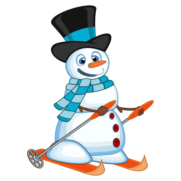 Snowman Hat Blue Scarf Skiing — Stock Vector