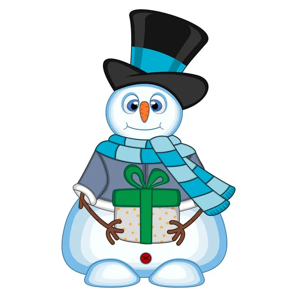 Snowman Carrying Gift Wearing Hat Blue Sweater Blue Scarf — Stock Vector