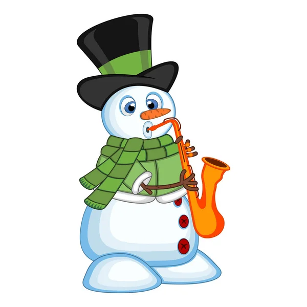 Snowman Wearing Hat Green Sweater Green Scarf Playing Saxophone — Stock Vector