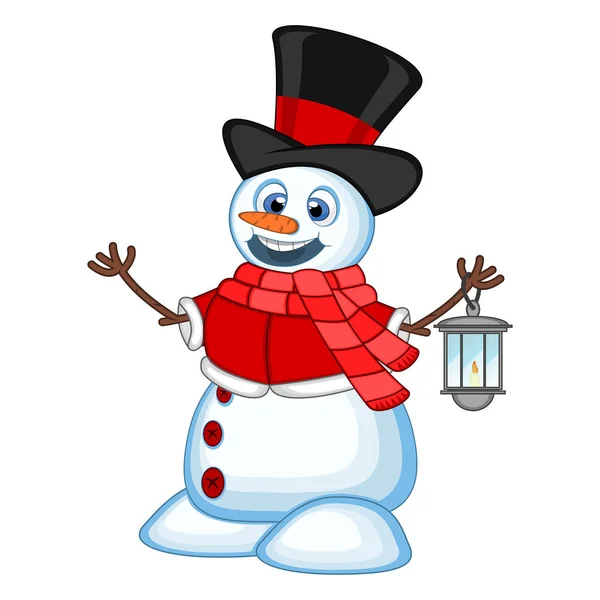 Snowman Lantern Wearing Hat Red Sweater Red Scarf Your Design — Stock Vector