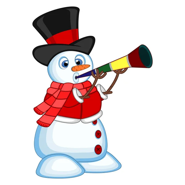 Snowman Wearing Hat Red Sweater Red Scarf Blowing Horns Your — Stock Vector