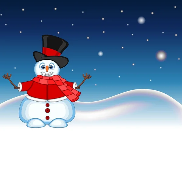 Snowman Wearing Hat Red Sweater Red Scarf Waving His Hand — Stock Vector