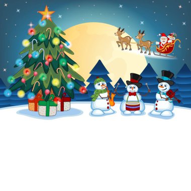 Santa Claus Ren geyiği Ile Sledge üzerinde hareket ve Noel ağacı ve kardan adam ile birçok hediyeler getiriyor Saxophone, davul ve dolunay Ile keman oynarken gece vektör Illustration