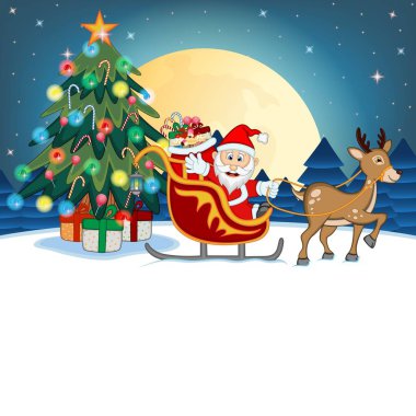 Santa Claus Ren geyiği Ile Sledge üzerinde hareket, ve birçok hediyeler getiriyor, Noel ağacı ve Full Moon tasarım vektör Illustration Için gece at