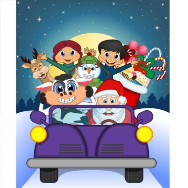 Noel Baba Ren geyiği Ile birlikte bir mor araba sürüş, kardan adam ve tasarım vektör Illustration Için gece arka planda dolunay Ile birçok hediyeler getiriyor