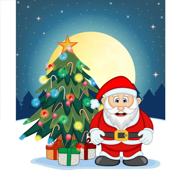 Papai Noel Neve Árvore Natal Lua Cheia Noite Para Sua — Vetor de Stock