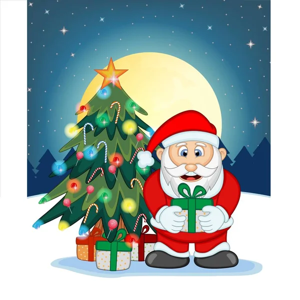 Santa Claus Nieve Árbol Navidad Luna Llena Noche Para Ilustración — Archivo Imágenes Vectoriales