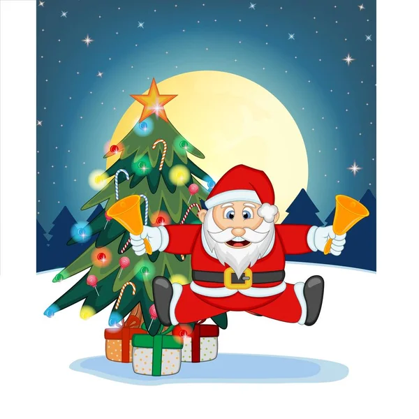 Santa Claus Nieve Árbol Navidad Luna Llena Noche Para Ilustración — Archivo Imágenes Vectoriales