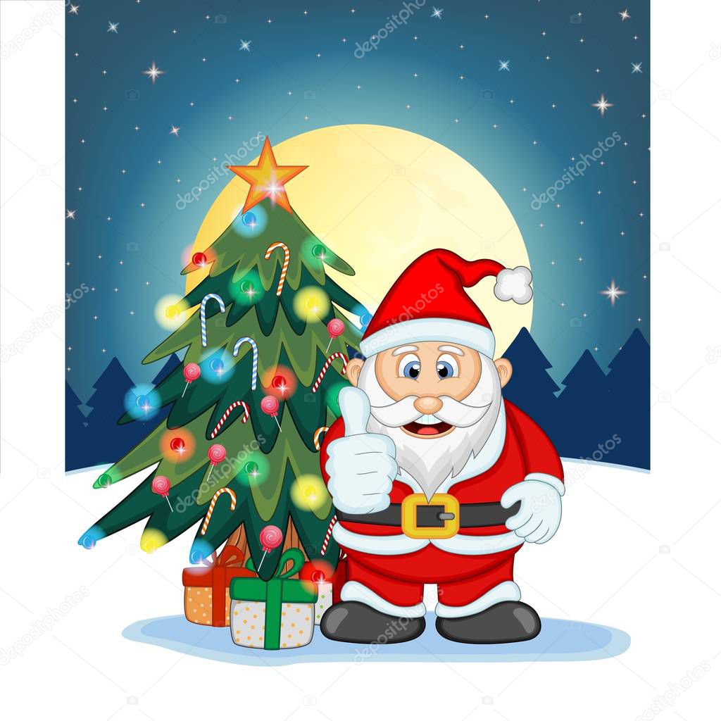 Santa Claus, Snow, Christmas Tree and Full Moon At Night For Your Design Vector Illustration