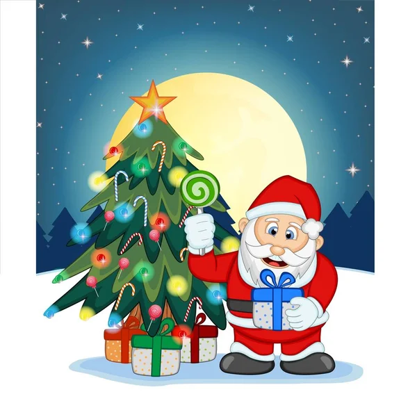Weihnachtsmann Schnee Weihnachtsbaum Und Vollmond Der Nacht Für Ihre Designvektorillustration — Stockvektor