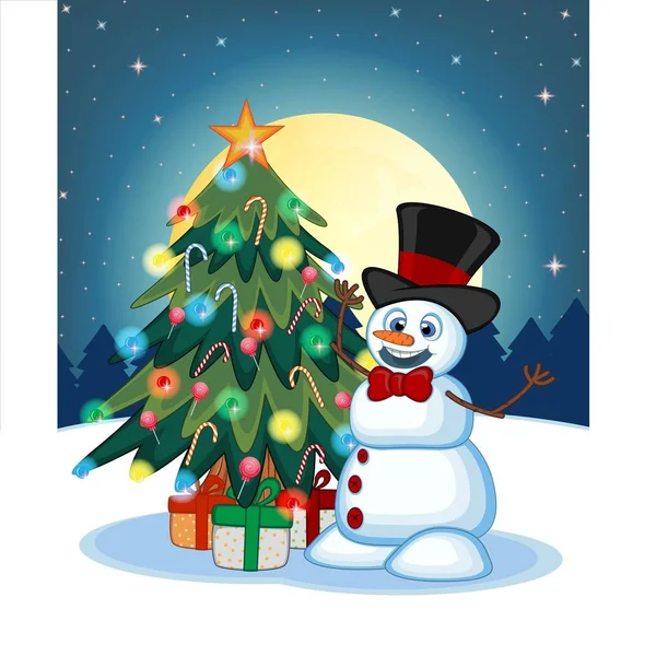 Schneemann Trägt Einen Hut Und Eine Fliege Krawatte Mit Weihnachtsbaum — Stockvektor