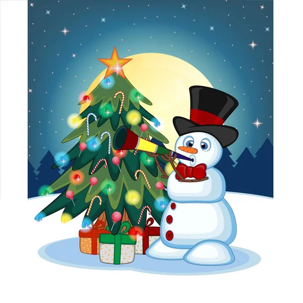 帽子をかぶった雪だるまと弓のネクタイは あなたのデザインベクトルイラストレーションのための夜の背景にクリスマスツリーと満月で角を吹く — ストックベクタ