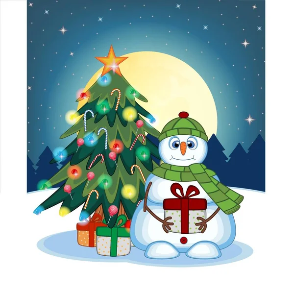 Snowman Carrying Gift Wearing Green Head Cover Scarf Christmas Tree — Stock Vector