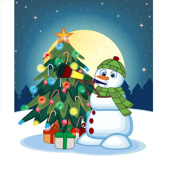 Снеговик Зеленой Головке Шарфом Дующим Рога Рождественской Елкой Полнолунием Ночью — стоковый вектор