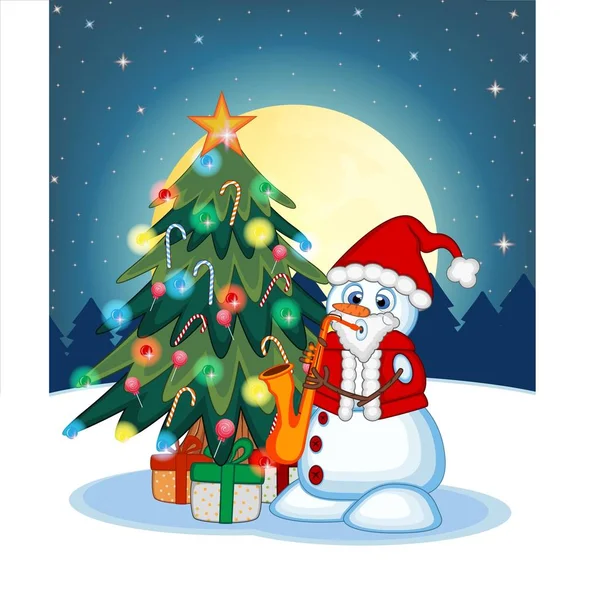 Schneemann Weihnachtsmann Kostüm Spielt Saxophon Mit Weihnachtsbaum Und Vollmond Nächtlichen — Stockvektor