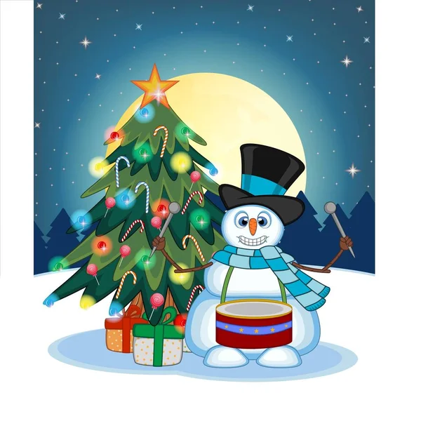 Snowman Playing Drums Wearing Hat Blue Scarf Christmas Tree Full — Stock Vector