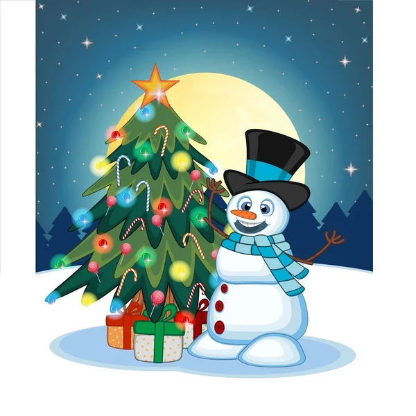 Snowman Wearing Hat Blue Scarf Christmas Tree Full Moon Night — Stock Vector